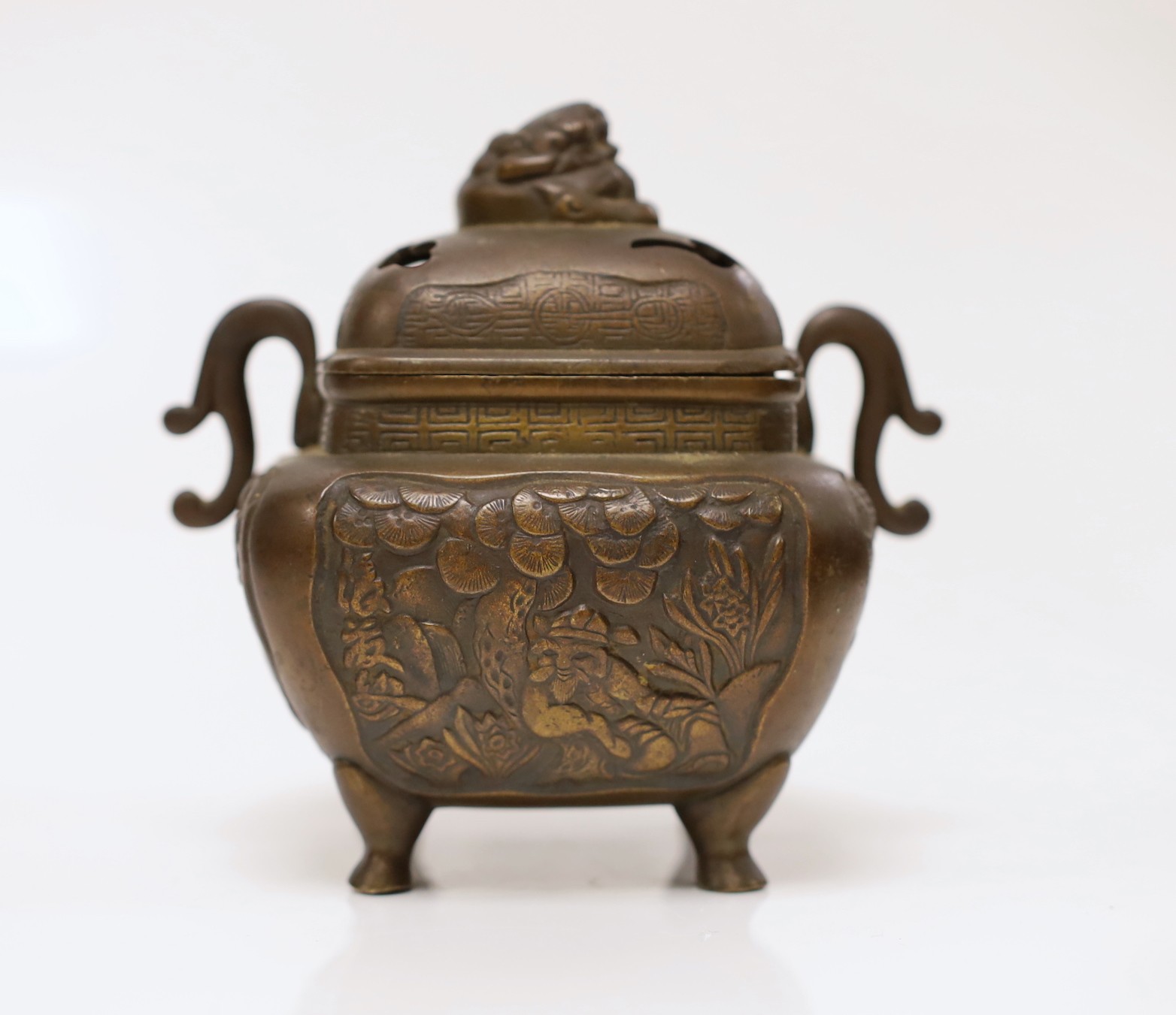 A Chinese bronze gui censer, a Japanese bronze censer and a cloisonne enamel box and cover, censer and cover 13cms high